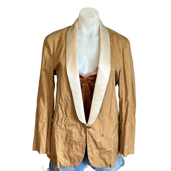 Italian Tuxedo Blazer Large Luxury Crinkle Boxy Khaki Brown Cotton Designer $298 - Picture 1 of 7